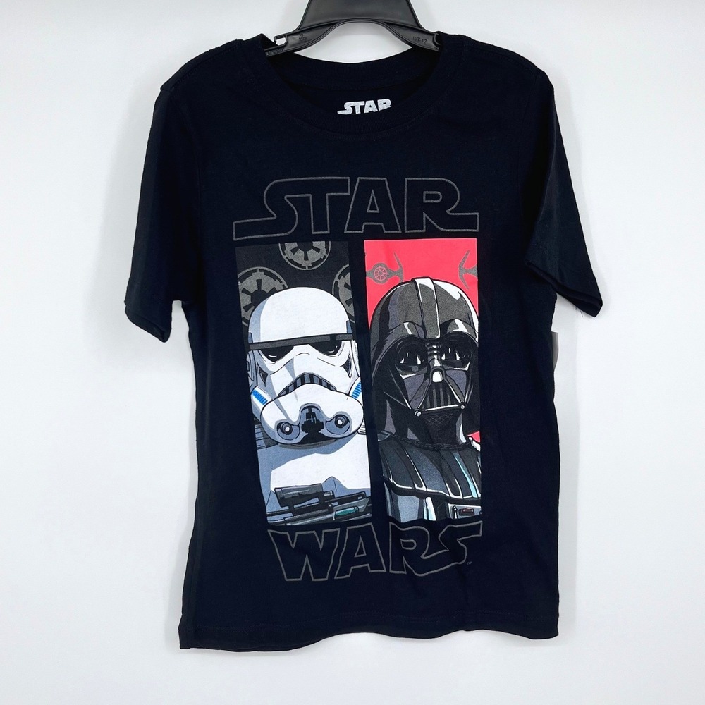 Star Wars T-Shirt Kids XS 4/5 Black Darth Vader Stormtrooper Graphic Tee NEW